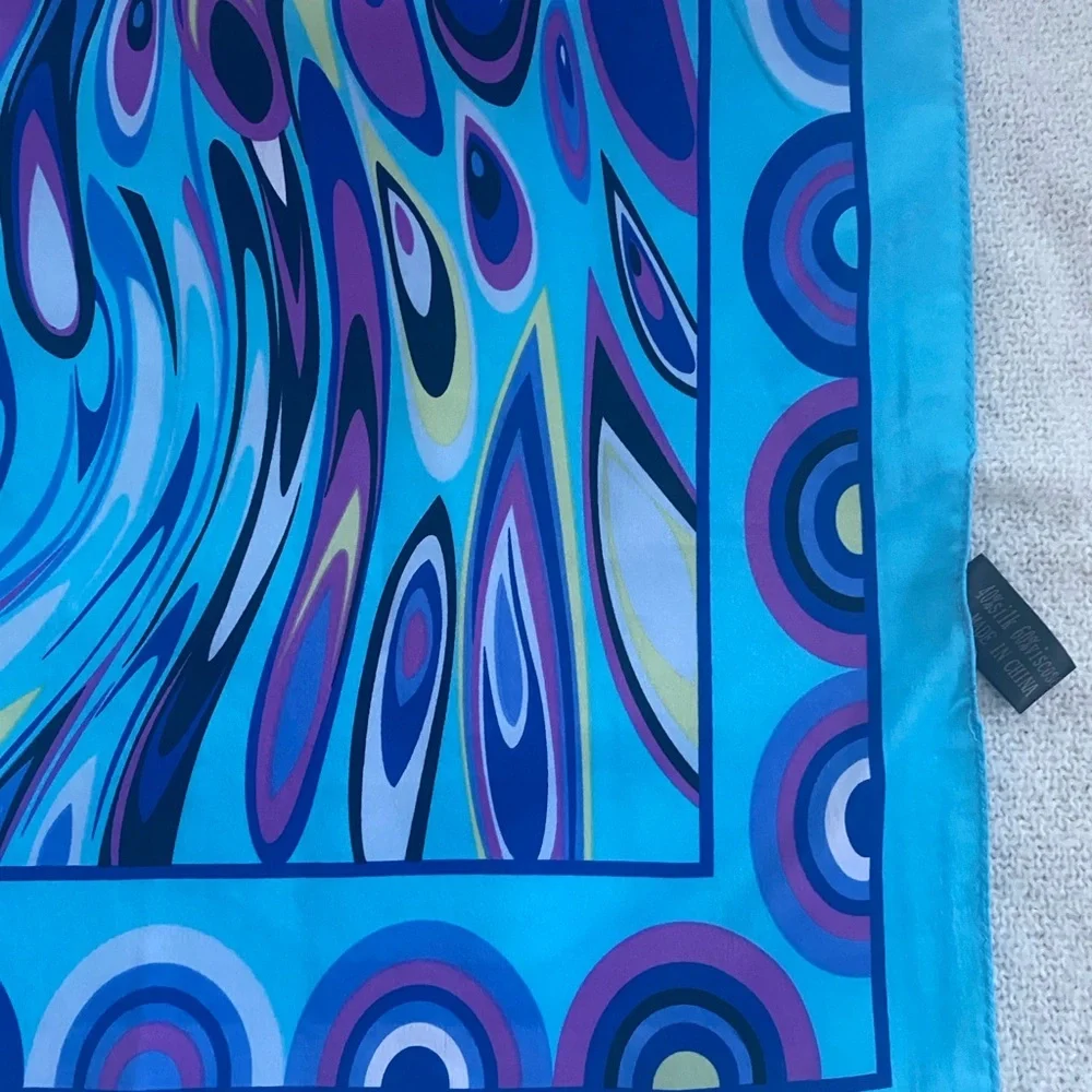 Blue and Purple Patterned Long Silk Scarf